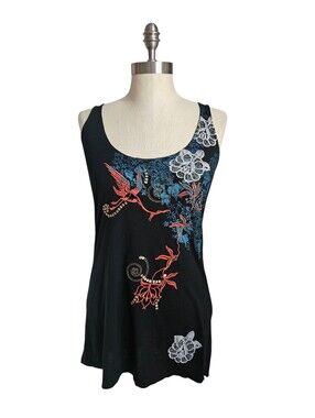 DAMSEL Y2K Graphic Embroidered Floral Bird Black Tank Top | SZ L